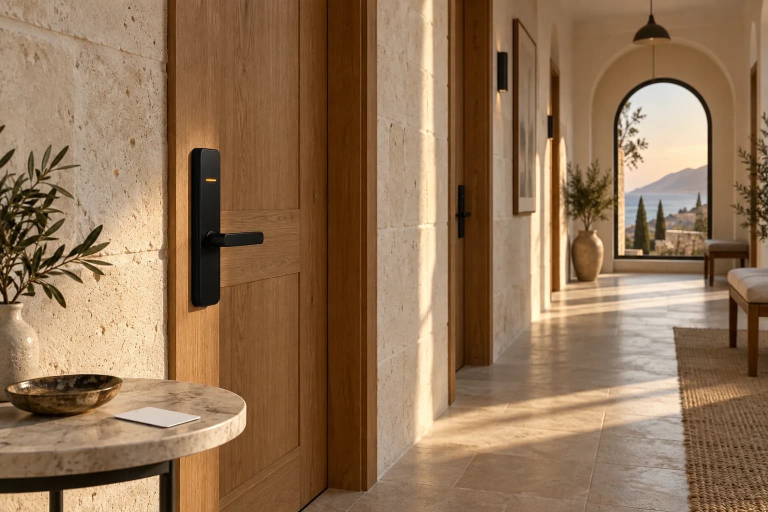 Kireçtaşı duvarlı otel koridorunda meşe kapıya takılı mat siyah kartlı akıllı kilit