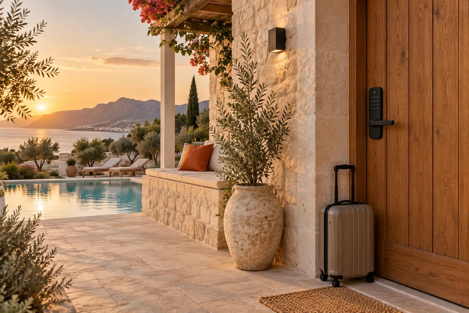 Havuzlu kiralık villa girişinde ahşap kapıya takılı tuş takımlı akıllı kilit ve kapı önünde bavul